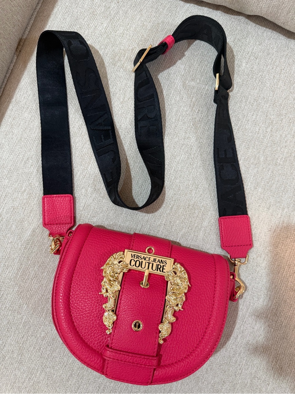 Versace Jeans Couture Hot Pink Leather Saddle Crossbody with Gold Emblem
